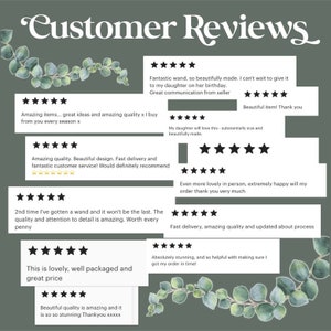May include: Customer reviews for a wand with a five-star rating. The reviews highlight the quality, design, and customer service. One review mentions the wand is 'beautifully made' and 'substantially sized'.