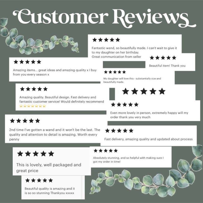 May include: Customer reviews for a wand with a five-star rating. The reviews highlight the quality, design, and customer service. One review mentions the wand is 'beautifully made' and 'substantially sized'.