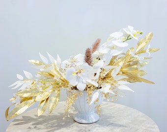 Floral Arrangement with Silk Orchids | White & Gold Floral Arrangement | White Orchids | White Flowers | Gold Flowers | Faux Orchids