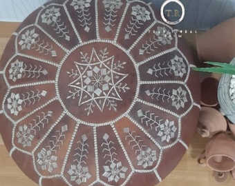 Handmade Brown Leather Pouf: Moroccan Ottoman Footstool
