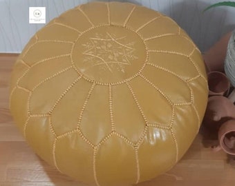 Mustard Leather Moroccan Pouf: Handmade Ottoman Footstool