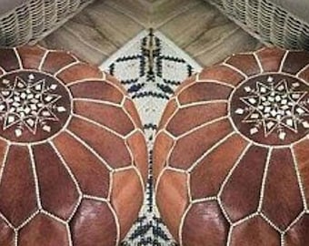 Set of 2 Brown Moroccan Leather Poufs: Handmade Ottoman Poufs