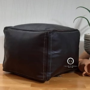 Black Leather Square Pouf: Handmade Moroccan Ottoman (UNSTUFFED)
