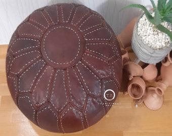 Handmade Brown Leather Pouf: Moroccan Ottoman, UNSTUFFED