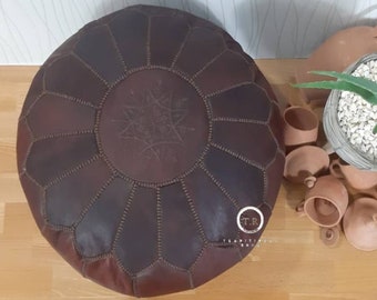 Brown Leather Moroccan Pouf, Handmade Ottoman, Unstuffed