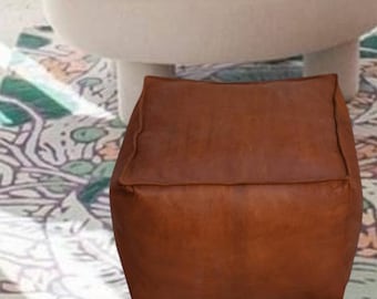 Square Tan Leather Pouf: Handmade Moroccan Ottoman (Unstuffed)