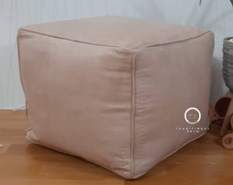 Handmade Beige Leather Moroccan Pouf: Square Ottoman