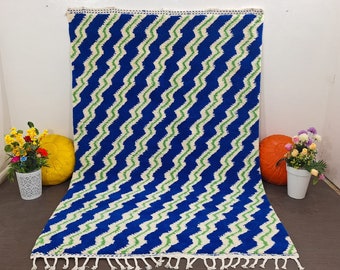 Blue Beni Ourain Rug: Abstract Moroccan Rug, Handwoven Wool (6.5X9 FT)