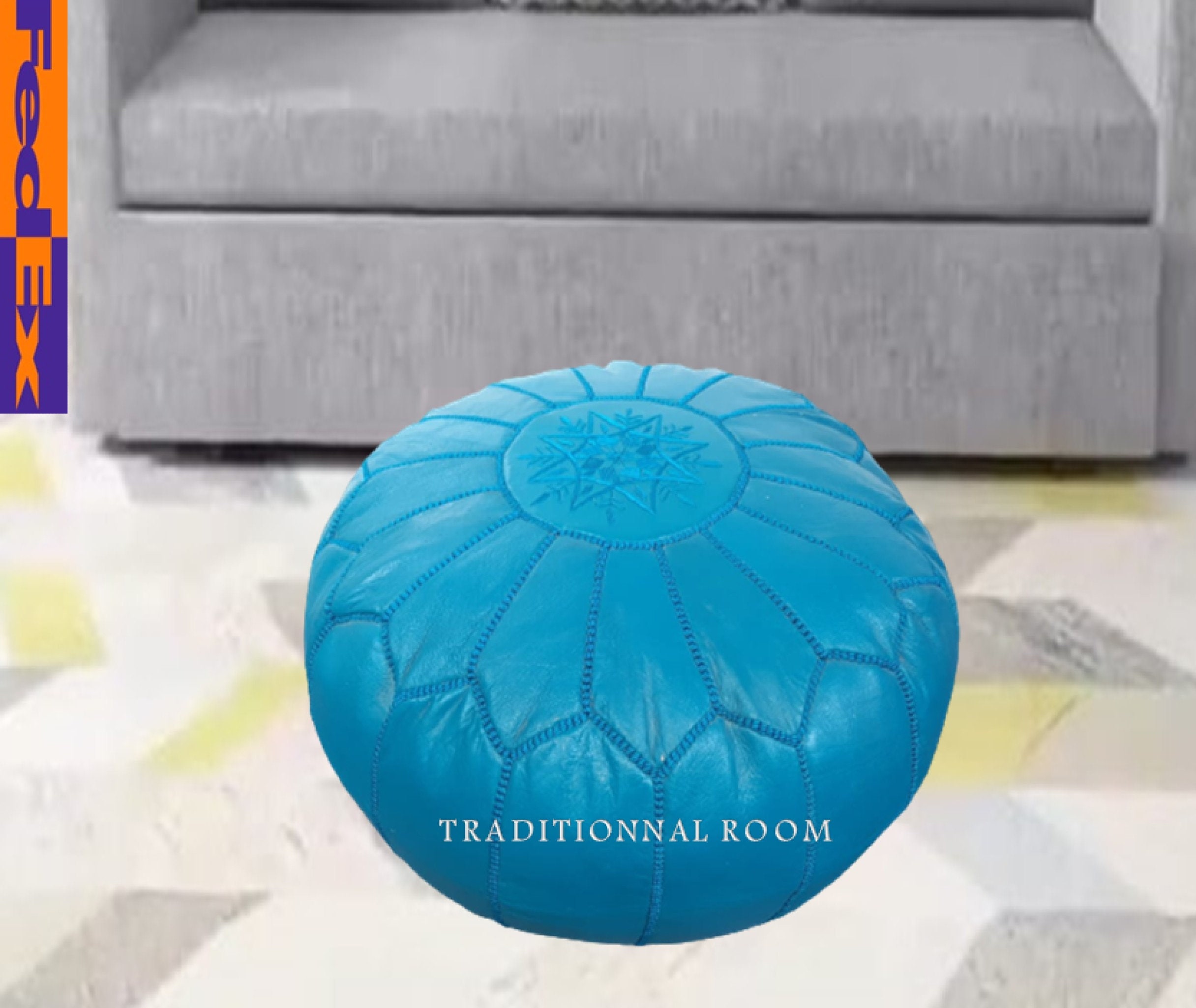 ハンドメイドのモロッコレザー製プーフオットマン - ブルーのフット