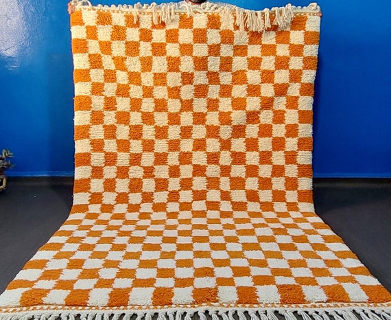 Orange Checkered Beni Ourain Rug: Moroccan Wool Handmade Rug