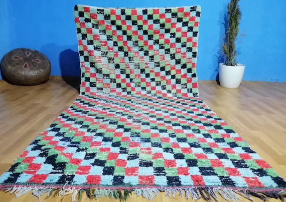 ヴィンテージ モロッコ製 カラフル チェックラグ 203×102cm