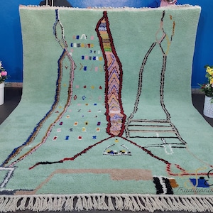 Cute Moroccan Rug , Beni Ourain  Wool Rug, Colorful Hand-Knotted Rug, Green Handmade Rug, Style Moroccan  Rug, Custom Hand-made Carpet