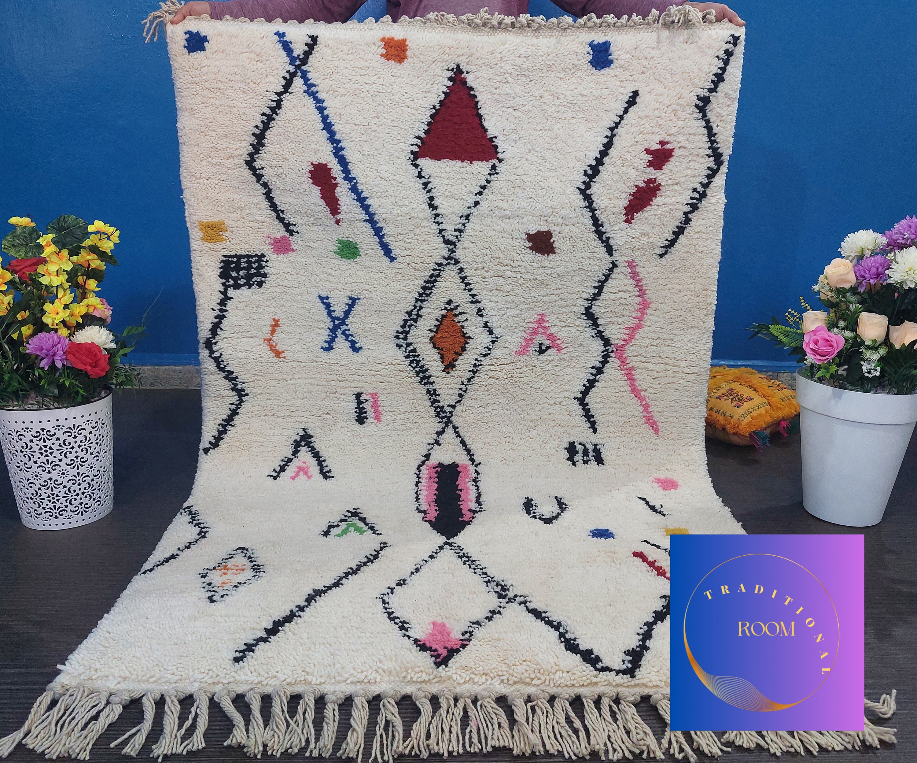 Tapis Berbère Marocain Beni Ourain - Laine Tissée Main - 2x10 Ft - Moderne Et Coloré