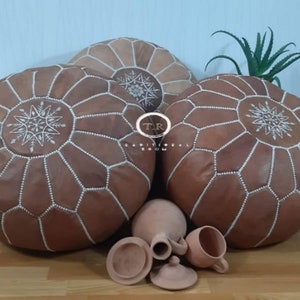 Set of 3 leather moroccan poufs, premium laether pouf, ottoman leather pouf, handmade moroccan  pouf, brown leather pouf, Handmade footstool