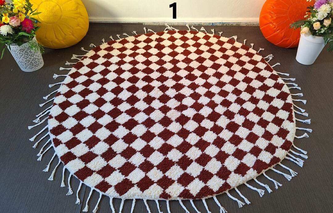 Checkered Round Rug, Beni Ourain Rug, Moroccan Round Rug, Custom Unique ...