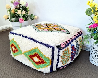 Handmade Moroccan Wool Floor Cushion: Square Boujaad Pouf