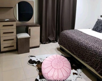 Handmade Pink Leather Pouf: Moroccan Ottoman Footstool
