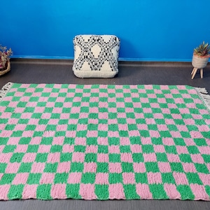 Checkered Moroccan Rug,Beni Ourain rug, Moroccan Rug, Custom Beni Ourain rug, Checkered runner rug, Pink and Green Checkered Rug,Custom rug