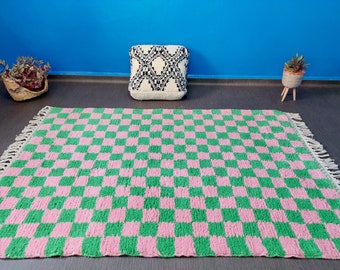 Checkered Moroccan Rug,Beni Ourain rug, Moroccan Rug, Custom Beni Ourain rug, Checkered runner rug, Pink and Green Checkered Rug,Custom rug