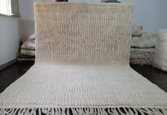Striped Handmade Beni Ourain Rug: Beige  Moroccan Wool Rug