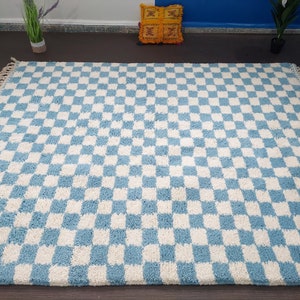 Checkered Moroccan Rug,Beni Ourain rug, Moroccan Rug, Custom Checkered rug,Checkered runner rug, Wool Rug, sky blue Checkered Rug,Custom rug
