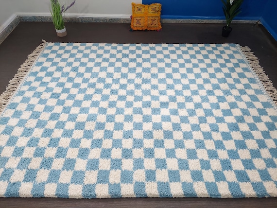 Checkered Moroccan Wool Rug: Sky Blue Beni Ourain, Custom Rug