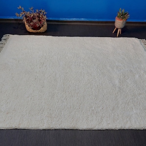 May include: A white shag rug with fringe edging. The rug is on a dark floor.