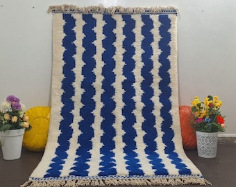 Handmade Moroccan Wool Rug: Blue Striped Berber Carpet