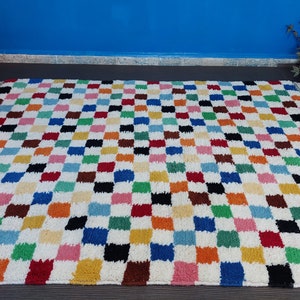 Checkered Moroccan Wool Rug: Colorful Beni Ourain Rug