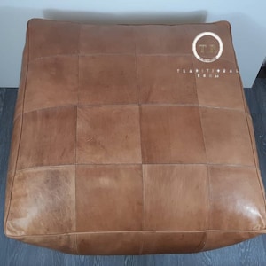 Leather coffee table brown , square footstool pouf , ottoman pouf , square  pouf moroccan poufs , leather square