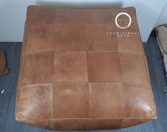 Brown Leather Square Pouf: Moroccan Ottoman Footstool