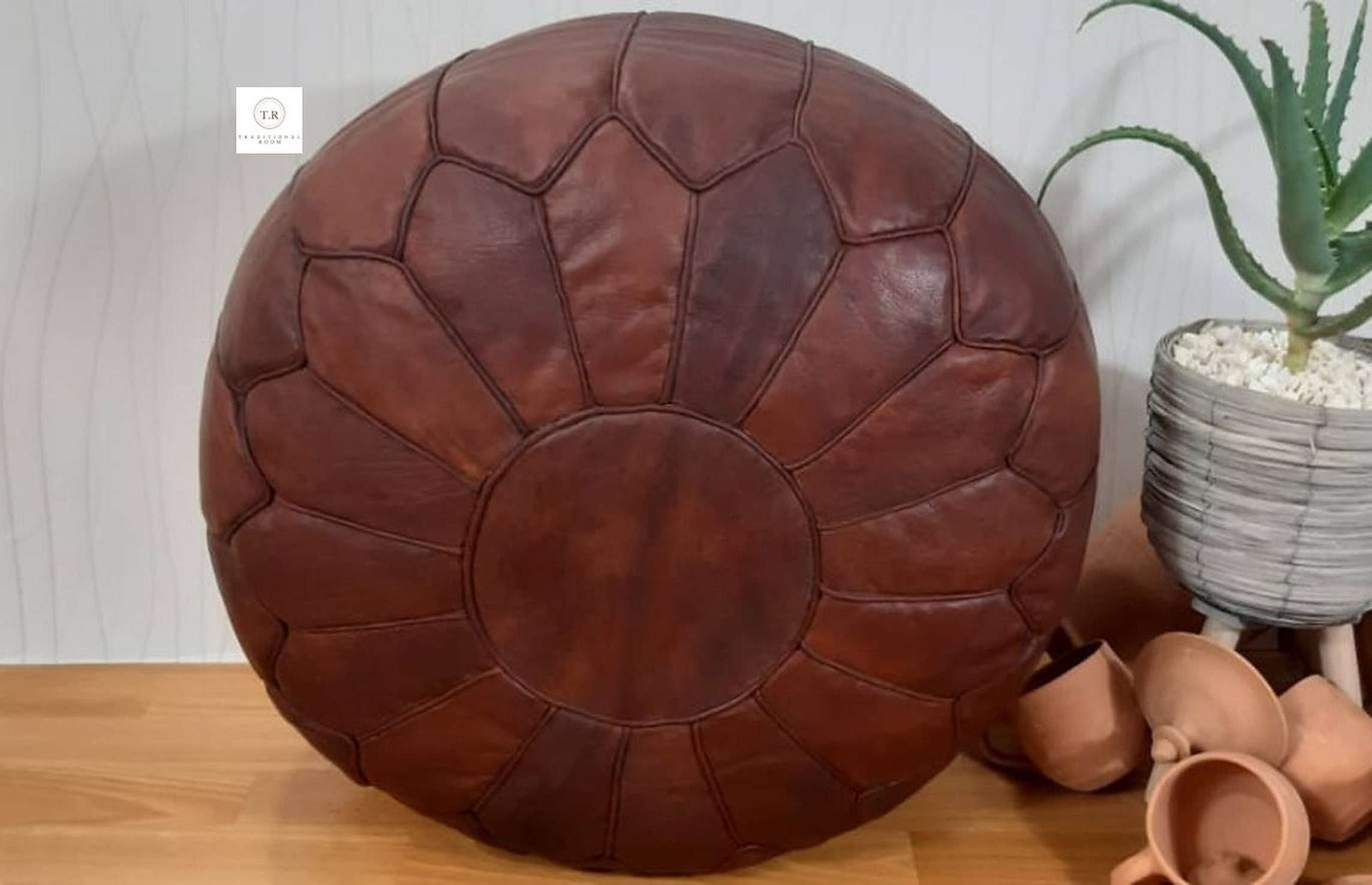 Puf Marroquí MPW Plaza De Cuero Marrón - Otomano Sin Rellenar (Artesanía De Marruecos)