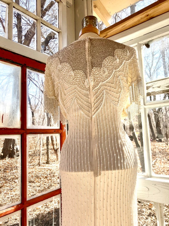 Vintage Fully Hand Beaded White Sequins Gown - image 7