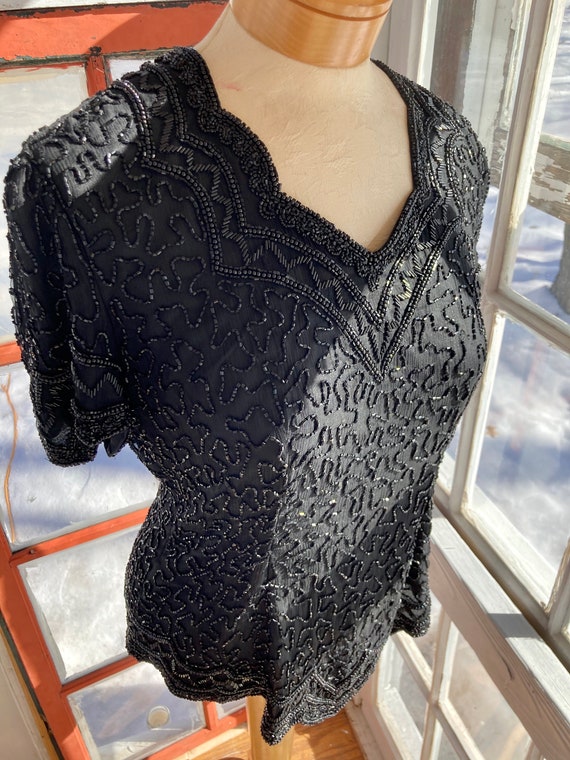 Vintage 80’s Black Beaded Sequins Blouse size M - image 1