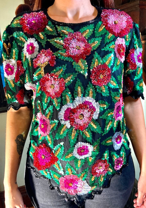 Vintage Floral Sequins Top
