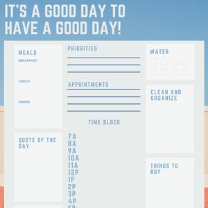 May include: A blue and white daily planner with sections for meals, priorities, appointments, time block, water, clean and organize, quote of the day, notes, and things to buy.