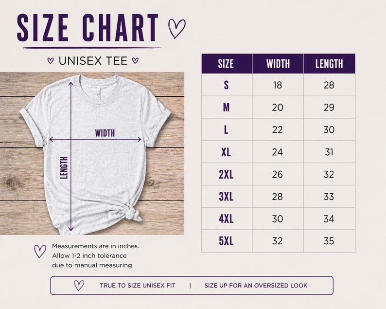 May include: A size chart for a unisex tee, with measurements in inches. The chart includes sizes S to 5XL, with corresponding width and length measurements. The text "TRUE TO SIZE UNISEX FIT" and "SIZE UP FOR AN OVERSIZED LOOK" are also included.