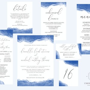 Blue Brushstrokes Wedding Invitation Set - Complete Package - Instant Download Template