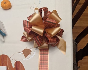 Fall cornstalk bow, fall bow, outdoor bow , gold and orange plaid bow, wreath bow, outdoor fall bow, 12 inch fall bow,  fall lantern bow,