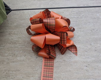 Fall cornstalk bow, orange and plaid bow, outdoor cornstalk bow , outdoor fall lanther bow , outdoor fall wreath bow , outdoor fall bow,