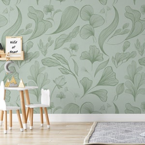 Green Flower Wallpaper, Retro Wallpaper, Peel And Stick Wallpaper, Boho Wallpaper, Floral Wallpaper, Vintage Wallpaper, Removable Wallpaper