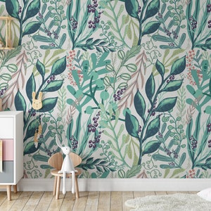 Tropical Green Leaves Wallpaper, Boho Peel And Stick Wallpaper, Vintage Wallpaper, Removable Retro Wallpaper, Temporary Teal Wallpaper