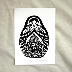 Matryoshka Original Linocut Print, Russian Nesting Doll Linocut Print