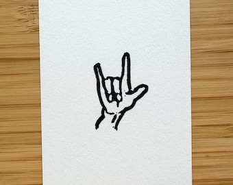 I Love You ASL Sign Mini Linocut Print - 2.5"x3.5" print