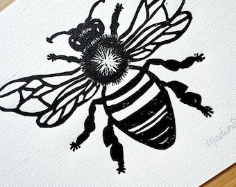Honey Bee - Original Linocut Print (5"x7") – Handmade Nature Wall Art – Insect Decor Gift Idea – Botanical Home Print