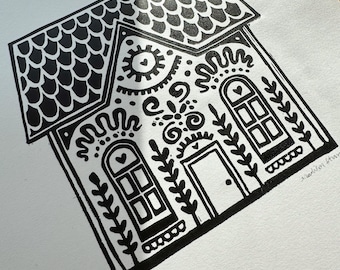 European Cottage - Original Linocut Print 8"x10"