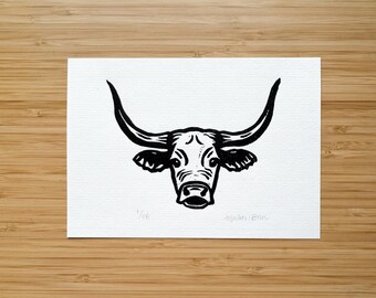 Texas Longhorn - Original Linocut Print (5"x7") – Handmade Western Wall Art – Rustic Ranch Decor – Cowboy Gift – Farmhouse Texas Home Print