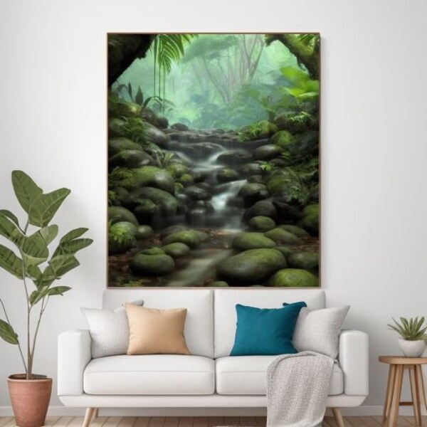 AI Landscape Artwork Print Poster Canvas Art- Quality Wall Art Home Decor- Unique Nature Fantasy- Abstract Botanical Floral-Pebble Falls