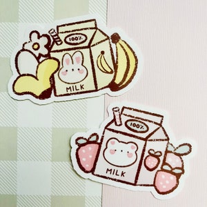 Cute milk vinyl stickers | Banana and strawberry stickers for laptop, water bottle, notebook, waterproof, aesthetic, kawaii, cute