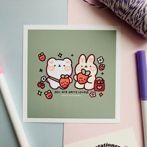 Cute Bear and Bunny Art Print | Cute Animal Art Prints | Cute Art Prints | Kawaii Art Prints | Strawberry Art Print